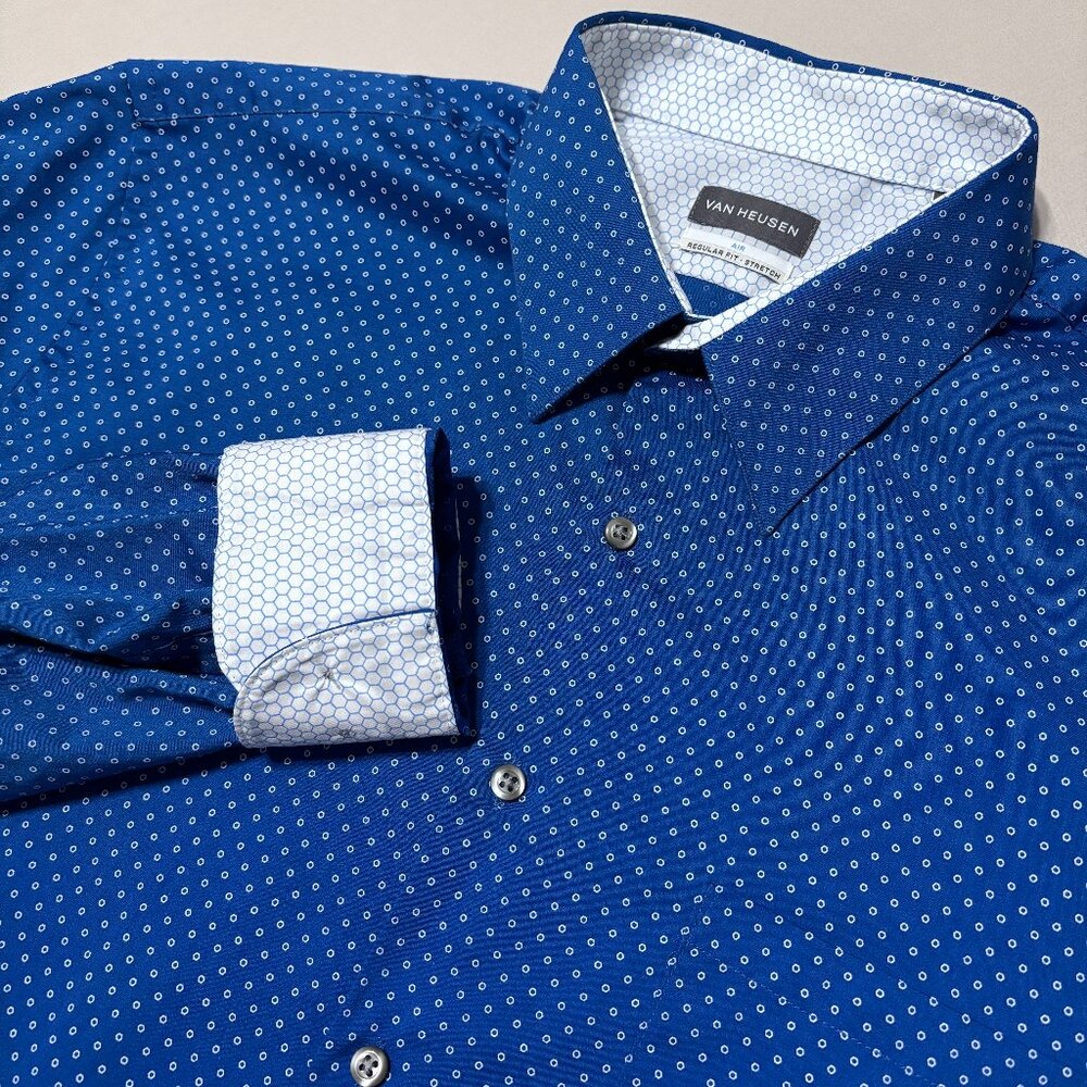 Van Heusen Air Blue Geometric Print Dress Shirt 16.5 34/35 Regular‎ Fit Stretch